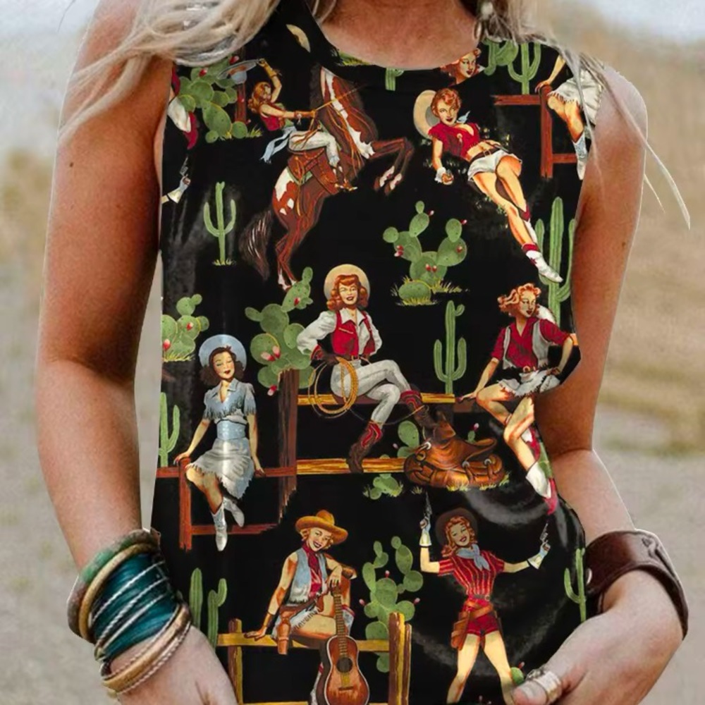 Western Cowgirl Sleeveless T-Shirt Tank Top Cactus Horse Animal Pink Siz…